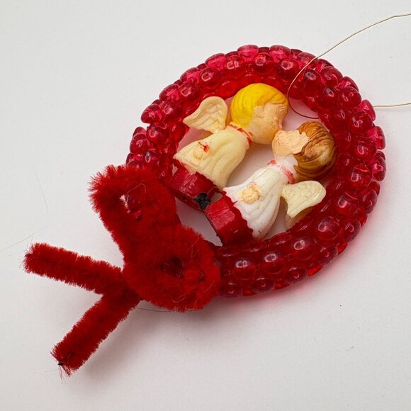 Vintage Kissing Angels Christmas Tree Ornament Red Beaded Handmade - Picture 4 of 6
